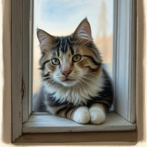 Impressionist Watercolor of a Fluffy Calico Cat