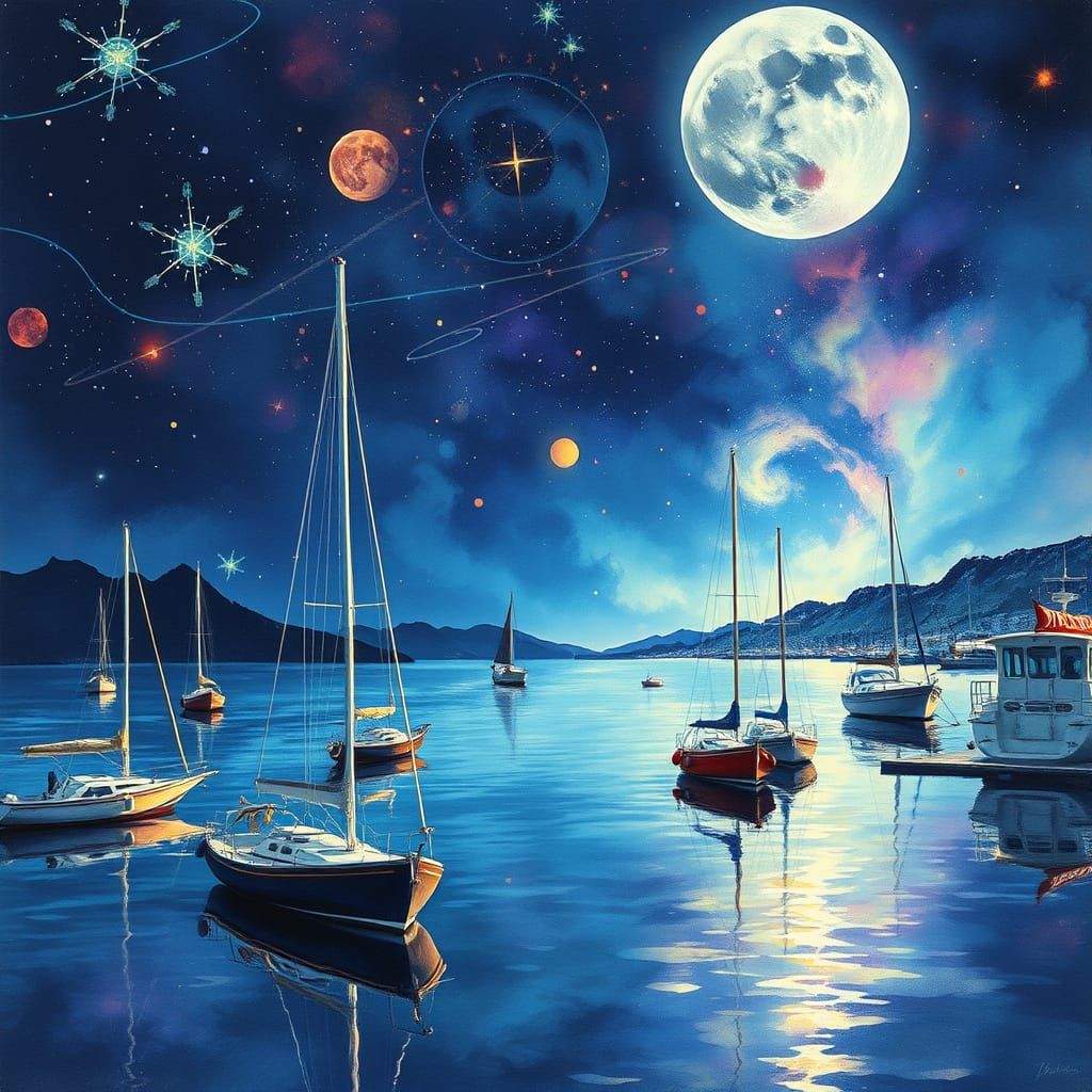 Midnight Harbor in Vibrant Watercolor and Cosmic Holographic...