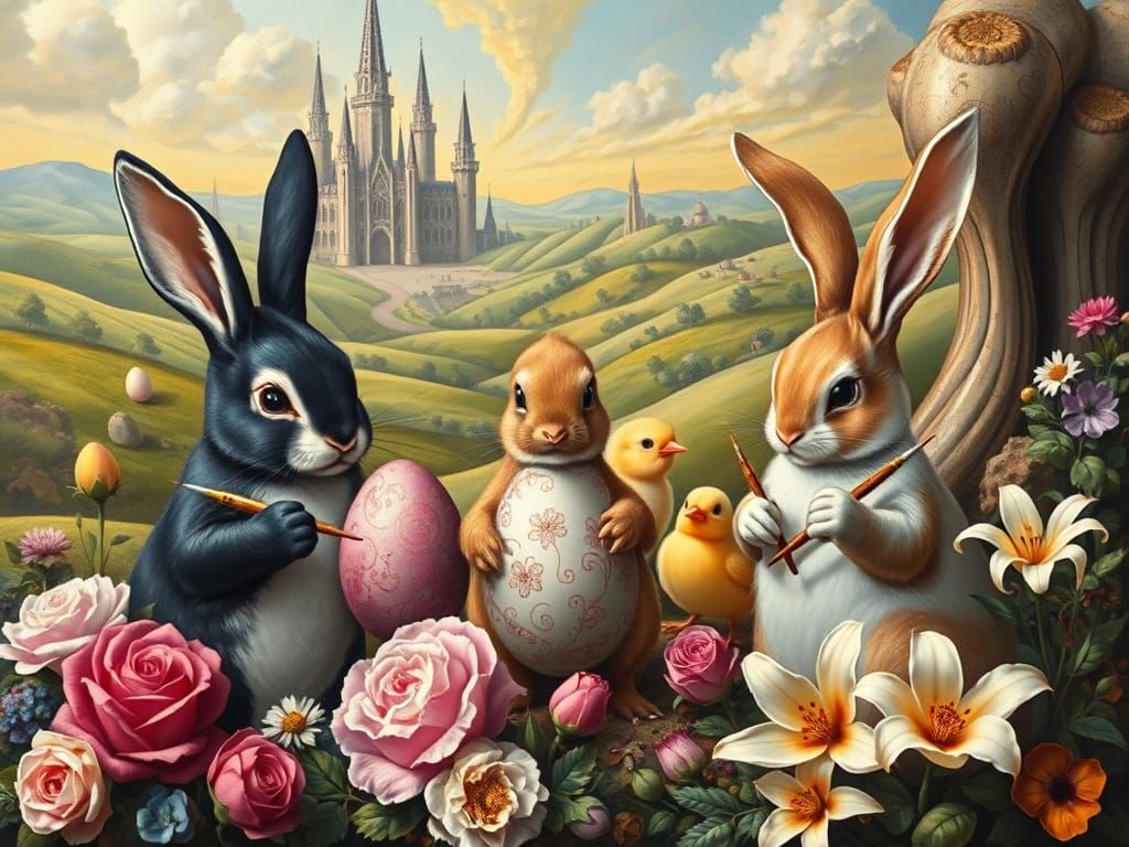 Whimsical Bunnies Painting Easter Eggs in Surreal Landscape
