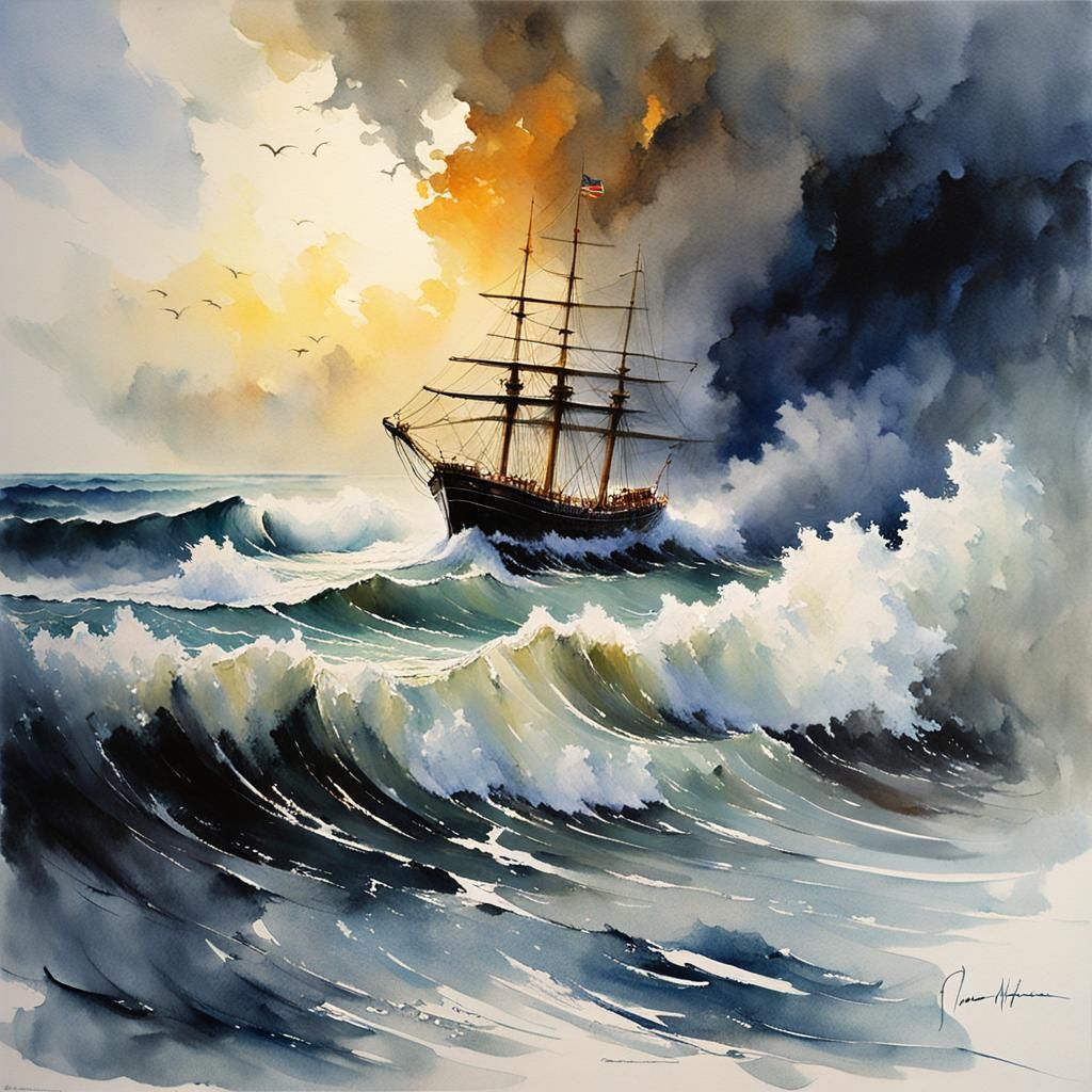 Dramatic Seascape Watercolor Painting