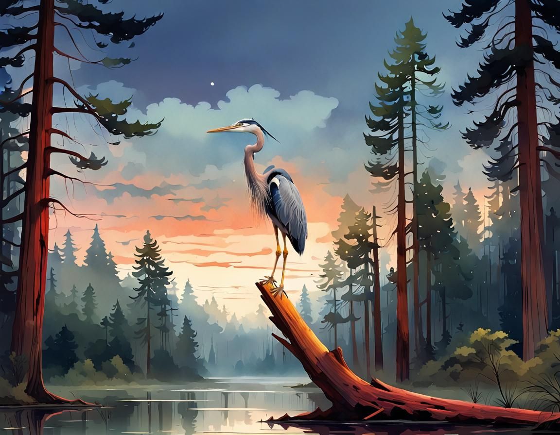 Heron in Redwood Lagoon: Digital Illustration