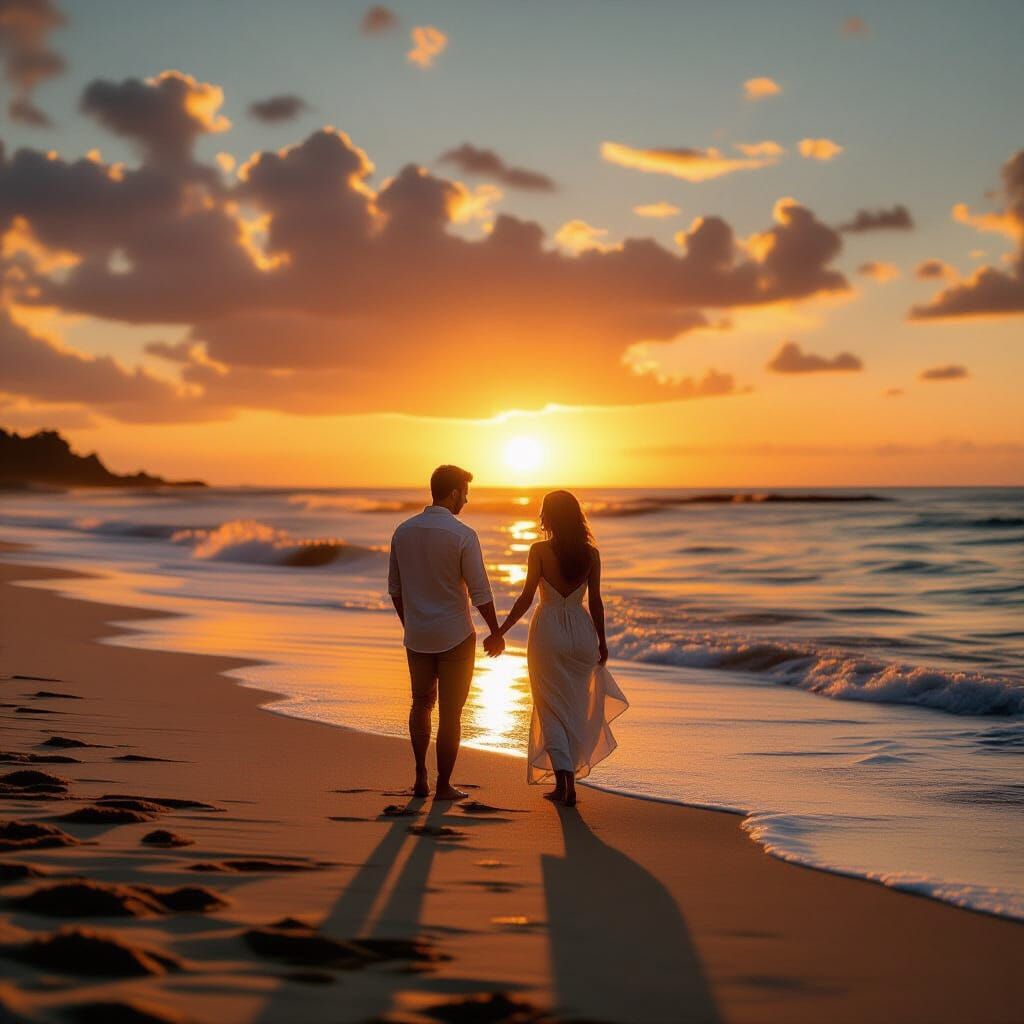 Couple Silhouetted on Beach at Orange Sunset