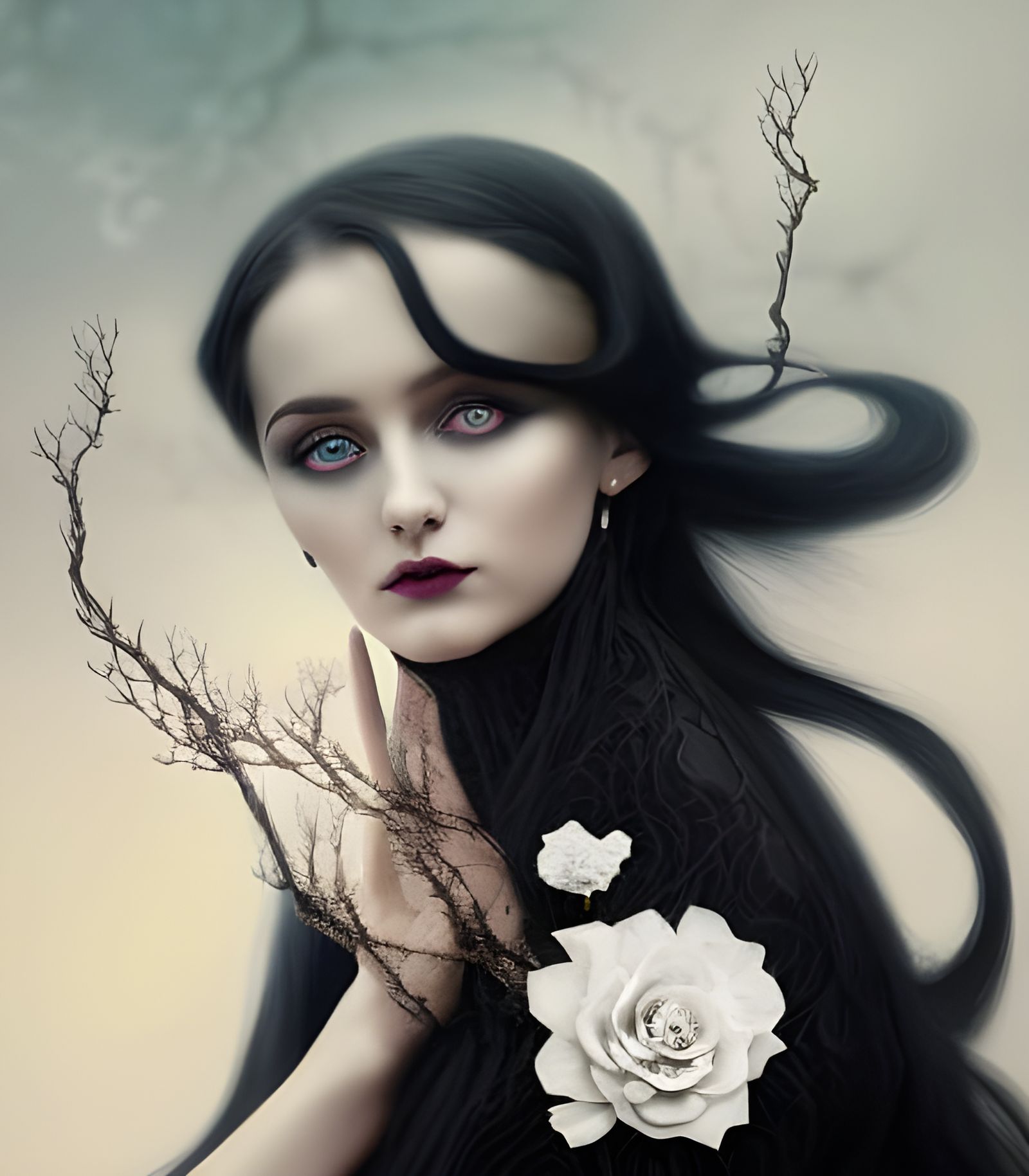 Witchy Woman Portrait with Roses in Fractal Art Style