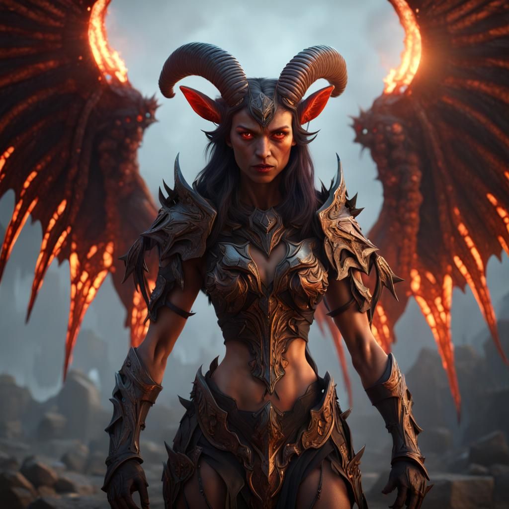 Female Demon with Goat Features in Detailed Armor