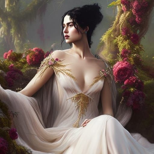 Woman in Silk Gown with Roses, Digital Art