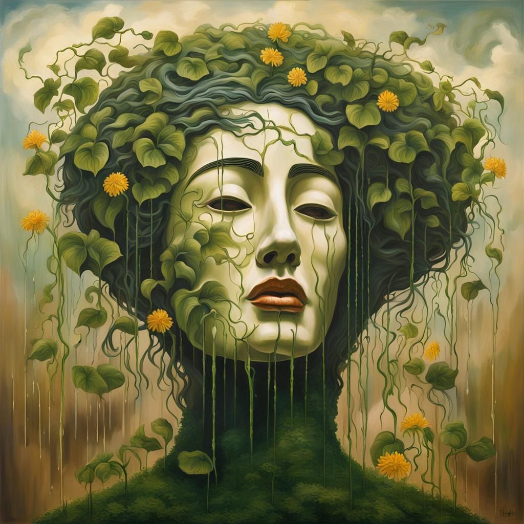 Surreal Wooden Mask Floats Over Statue in Rain