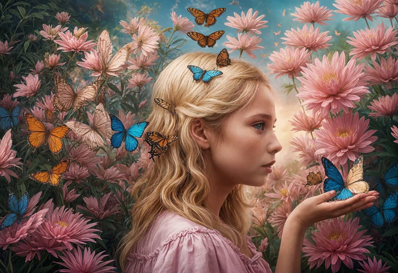 Whimsical Child Blows Butterfly in Vibrant Sunset