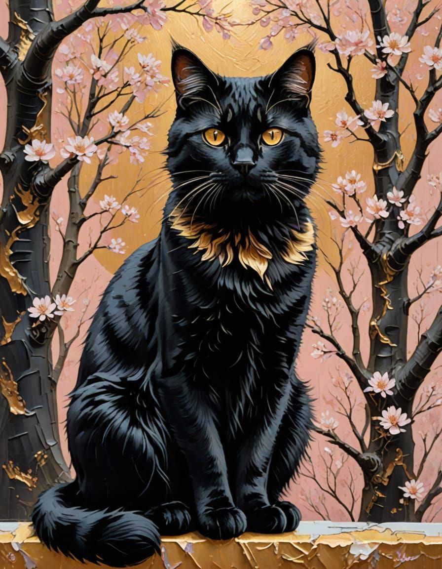 Golden Cat in Sakura Landscape: Impasto Oil Painting