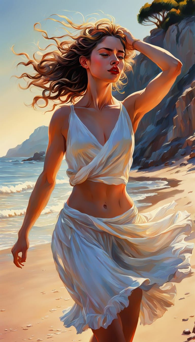 Woman Dancing on Beach in Expressive Impasto Style