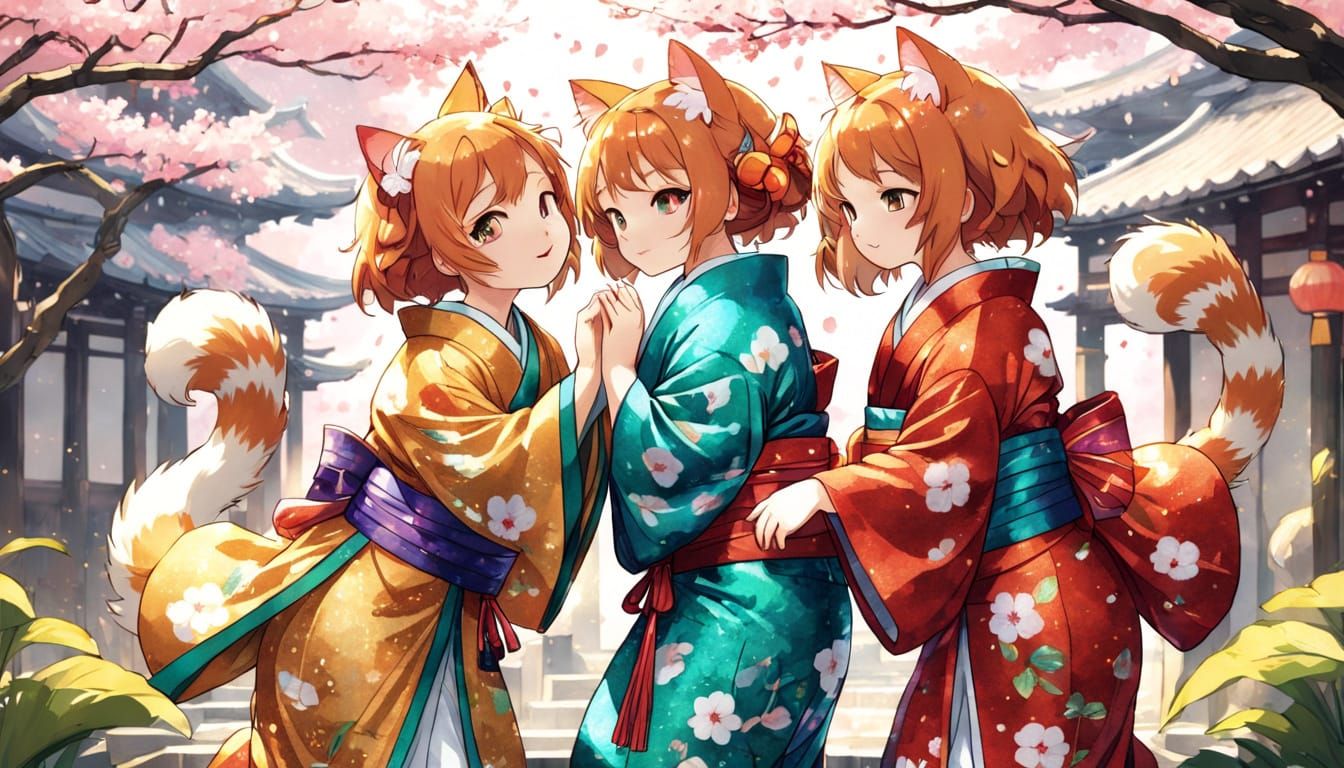 Whimsical Anime Cats in Traditional Tea House Kimonos
