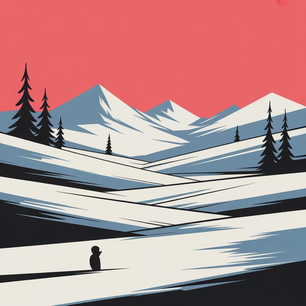 Minimalist Snowscape Silhouette in Monoline Style
