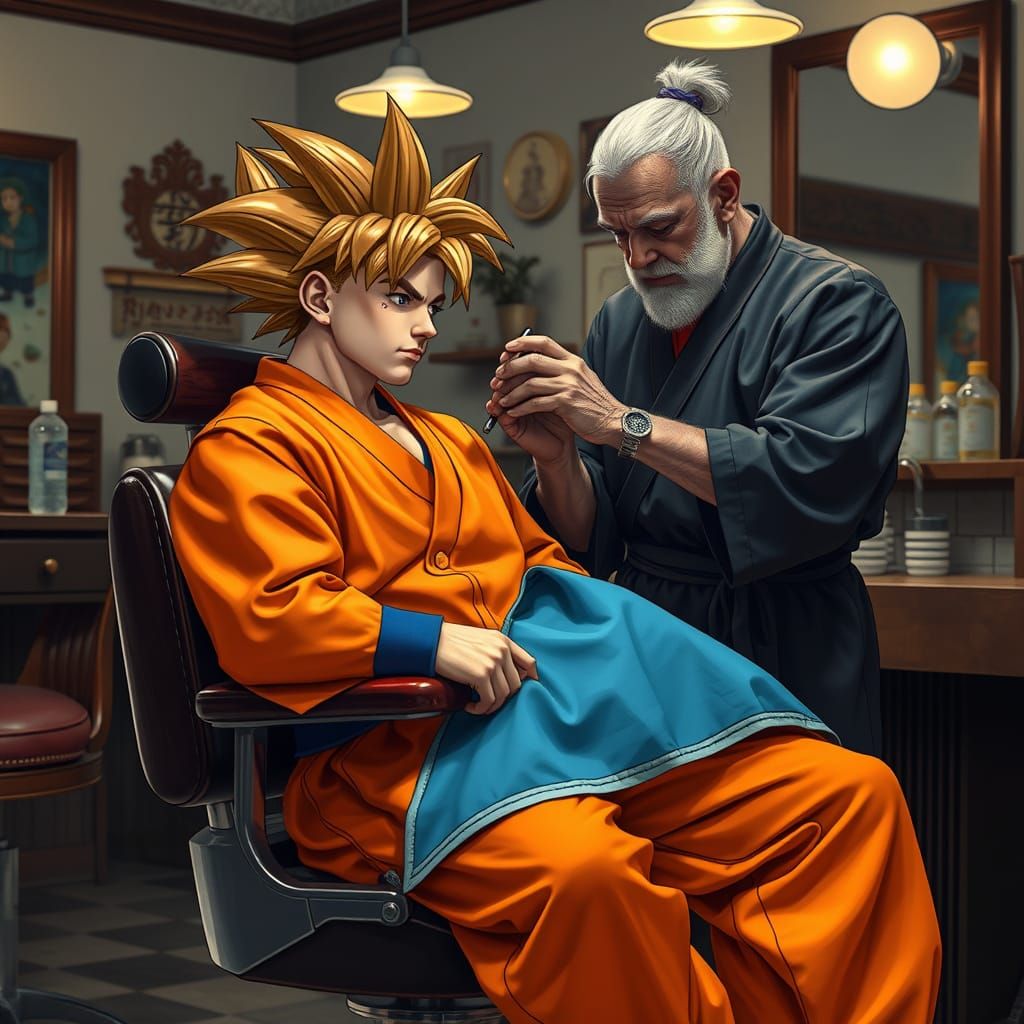 Goku Cosplay at the Barber Shop: Ultra-Realistic Scene