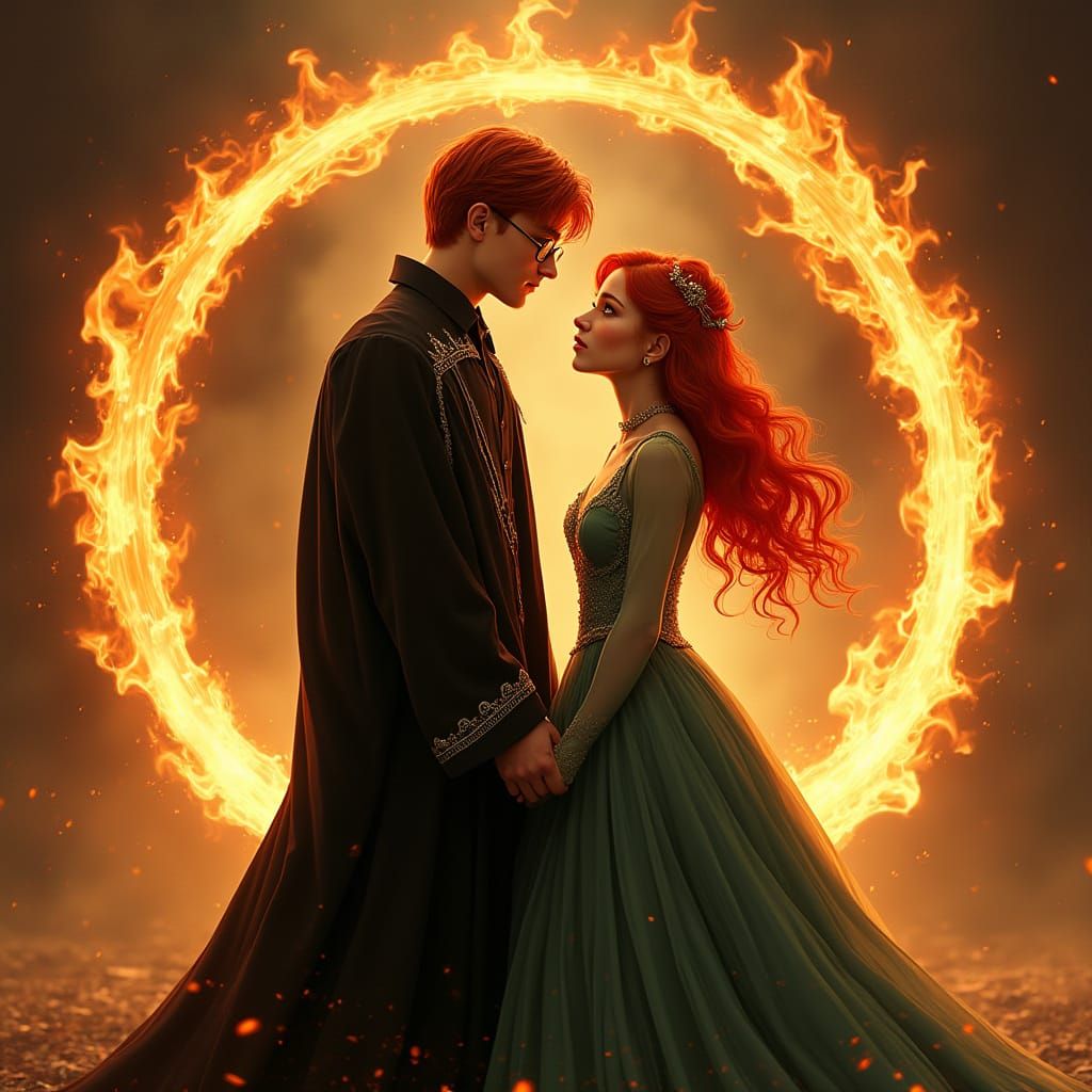 Harry Potter and Ginny Weasley Enthroned in Fiery Circle