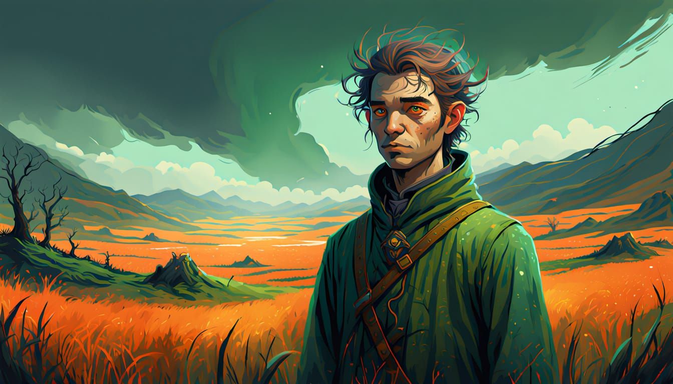 A Fip standing in a field of moorbogs wearing a smiffable dreen, done in the style of Murry Minchmut, using the shading ...