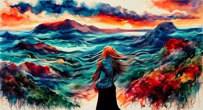 Woman Gazing at Ocean: Romantic Realism Painting