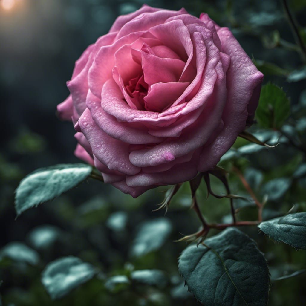 Pink Rose in Moonlight Garden: Hyperrealistic Image