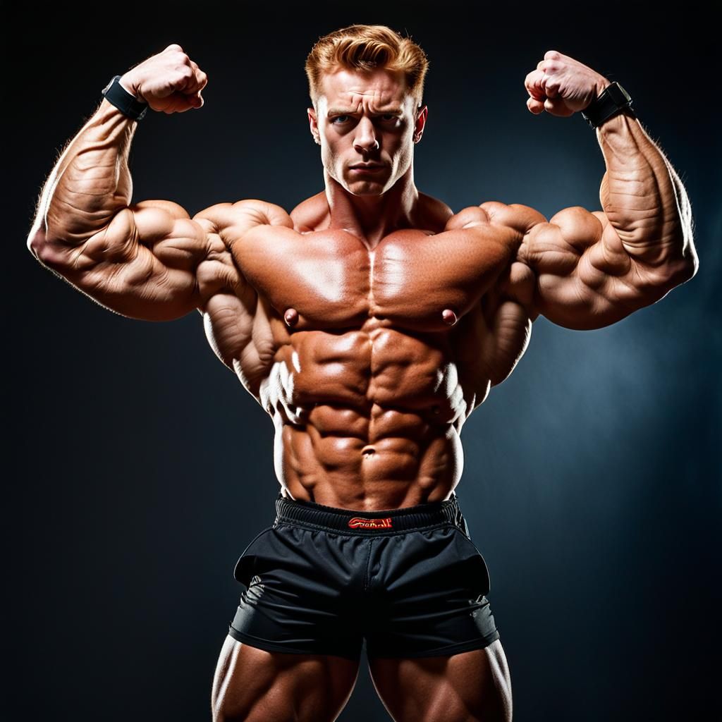 Muscular Ginger Bodybuilder Flexing Biceps in 3D CGI