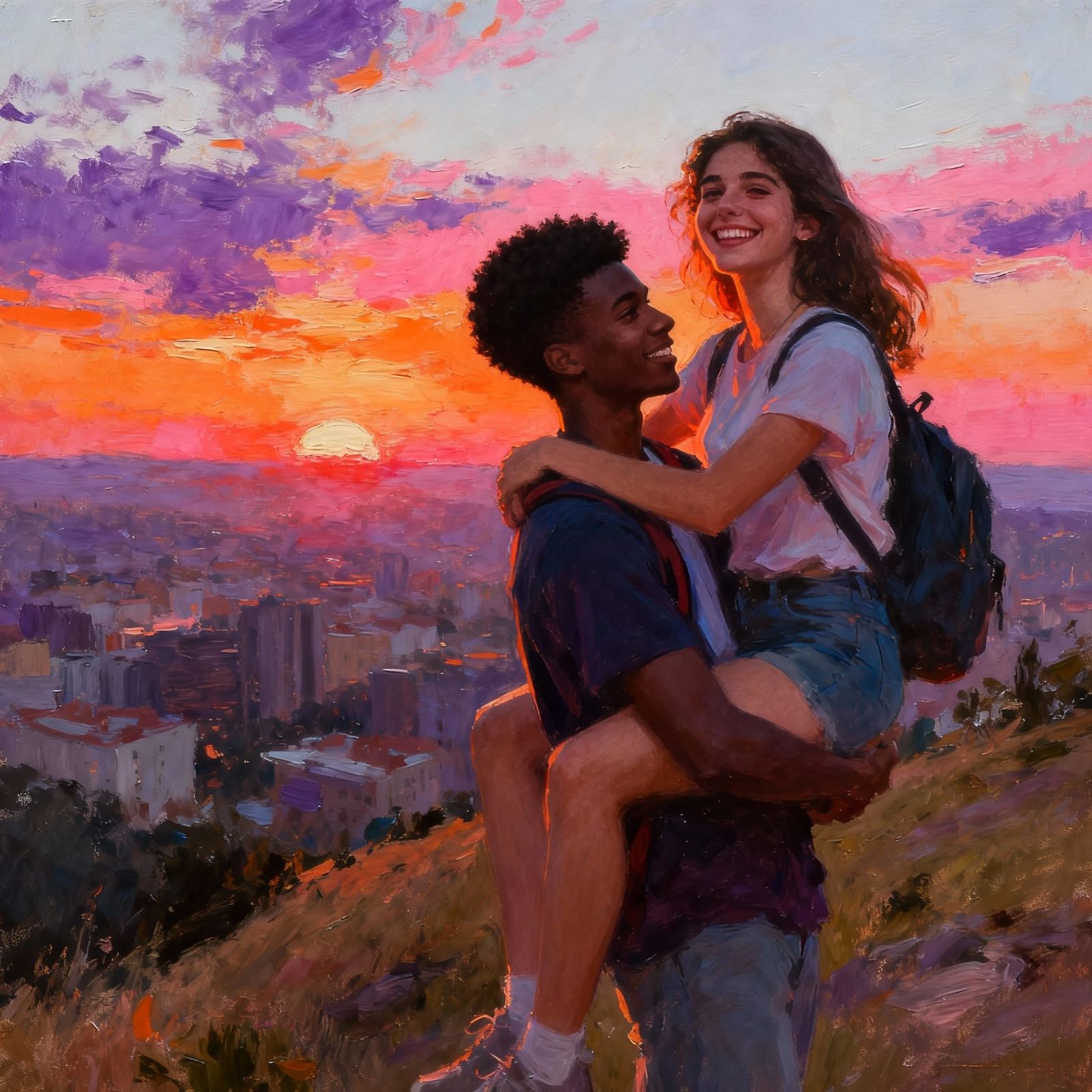 Couple Watches Cityscape Sunset in Romantic Painterly Style