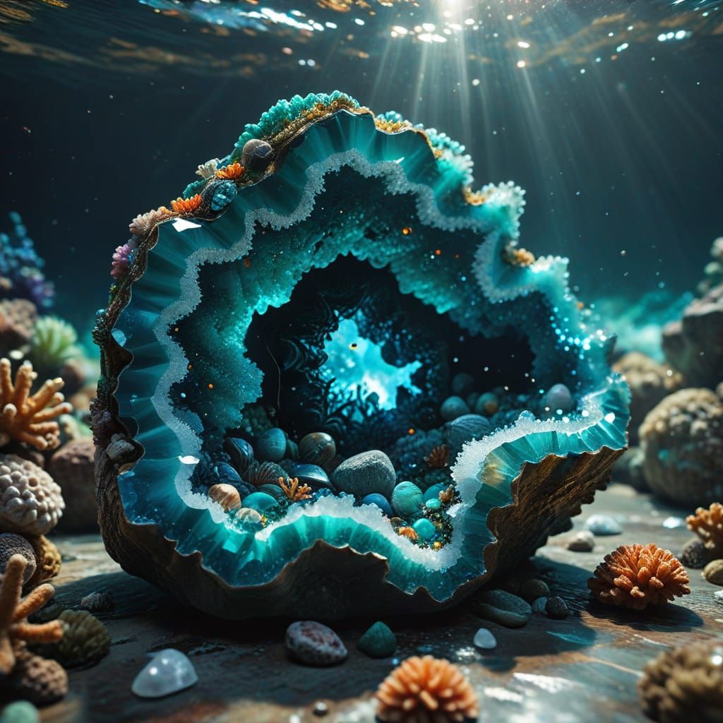 Underwater Turquoise Gemstone Landscape Inside Geode
