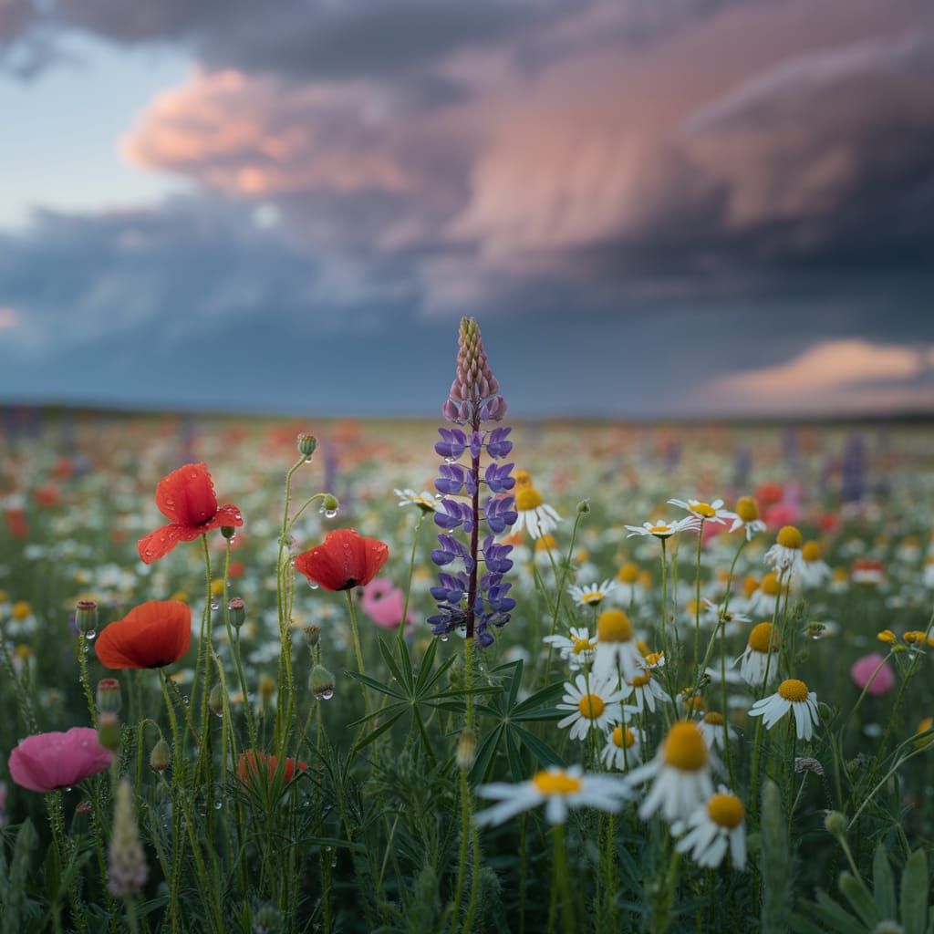 Vibrant Wildflower Field in Gentle Summer Rain