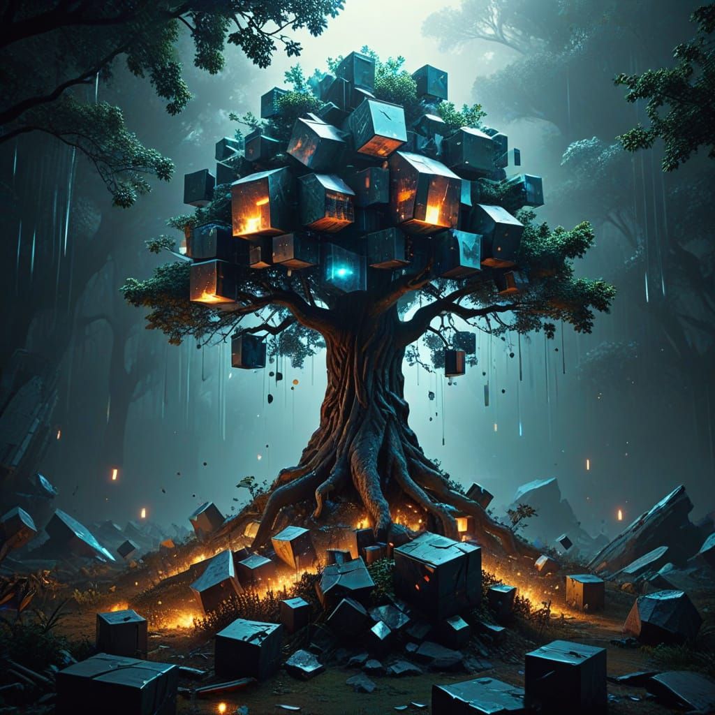 Vibrant Cubist Tree Dominates Futuristic Landscape