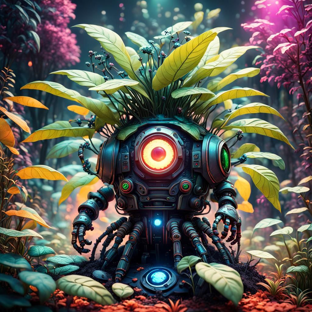 a robotic botanical plant with hyperspectral dark glowing ey...