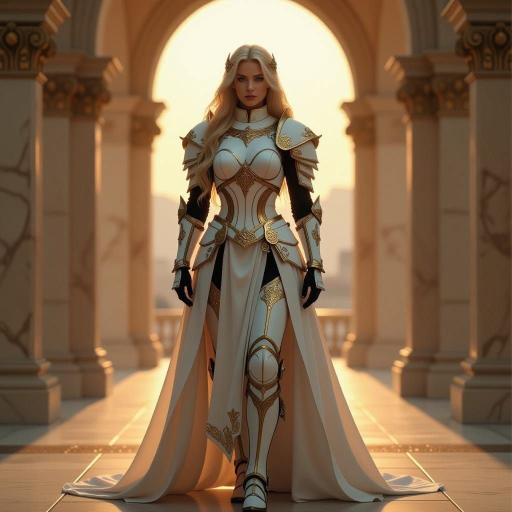 Regal Female Paladin in White Plate Armor
