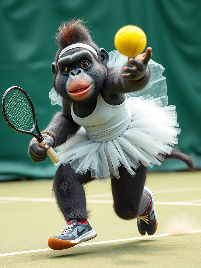 Funny Gorilla in Tutu Playing Tennis