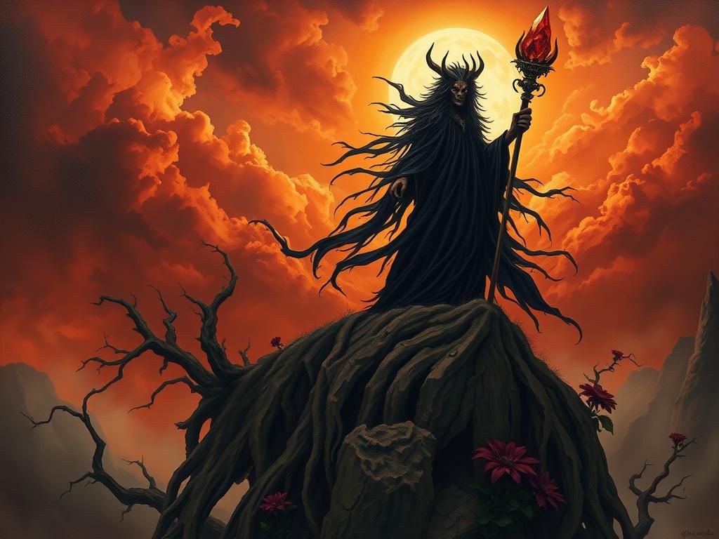 Foreboding Witch Radiating Malevolence in Crimson Storm