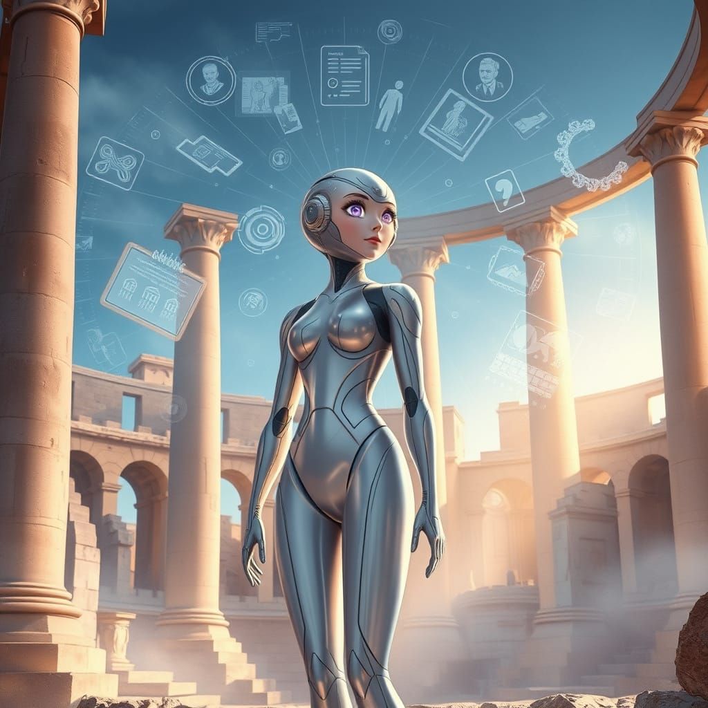 Futuristic AI Agent Amidst Ancient Roman Ruins in Soft Water...