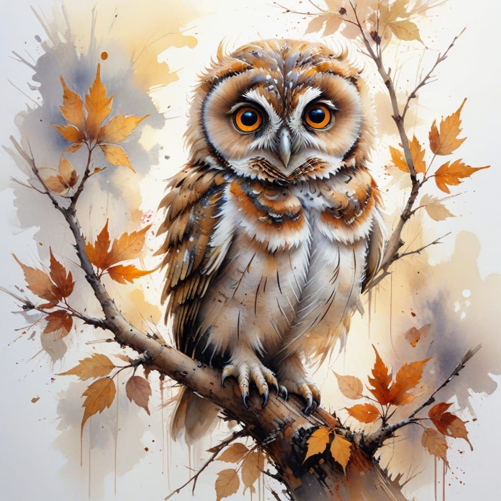 Owlet on Autumn Branch in Watercolour Style