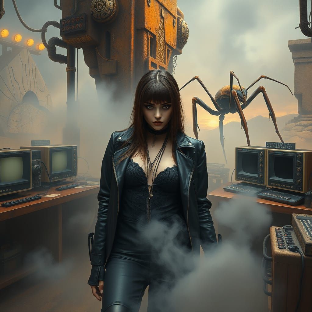 Goth Model in Dystopian Cafe with Giant Ants