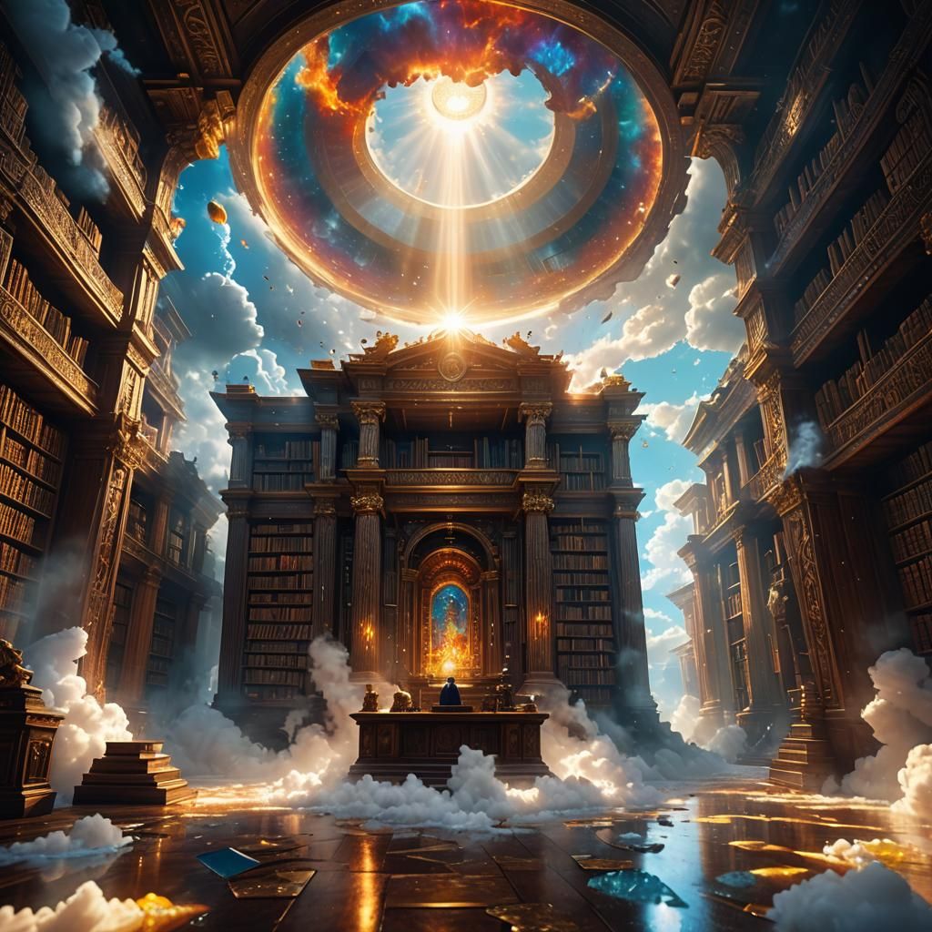 Ancient Gods Library Through Swirling Cloud Vortex