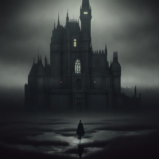 Surreal Domino Castle Reflected on Misty Lawn