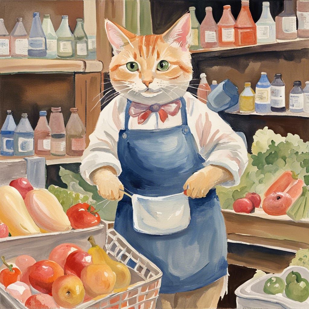 Beatrix potter cat wearing an apron working in a grocery store