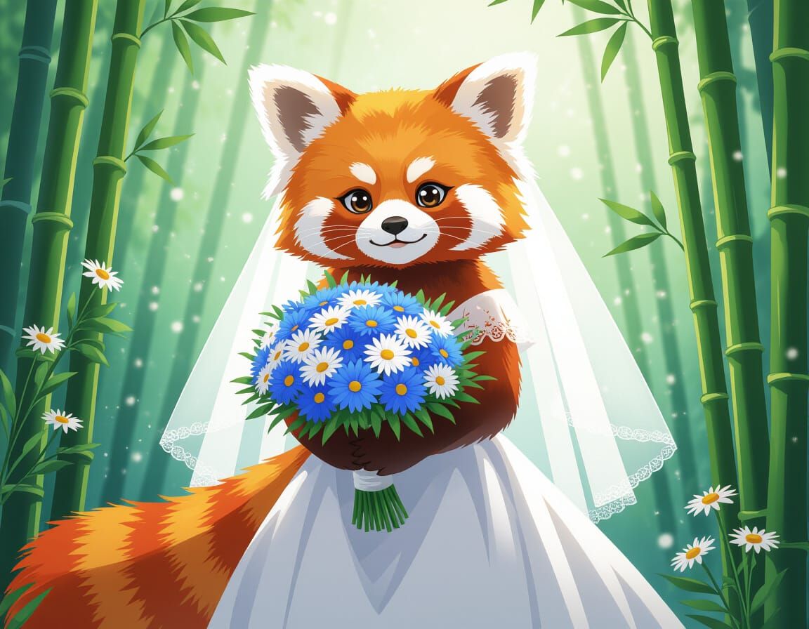Red Panda Bride in Wedding Dress with Blue Cornflowers