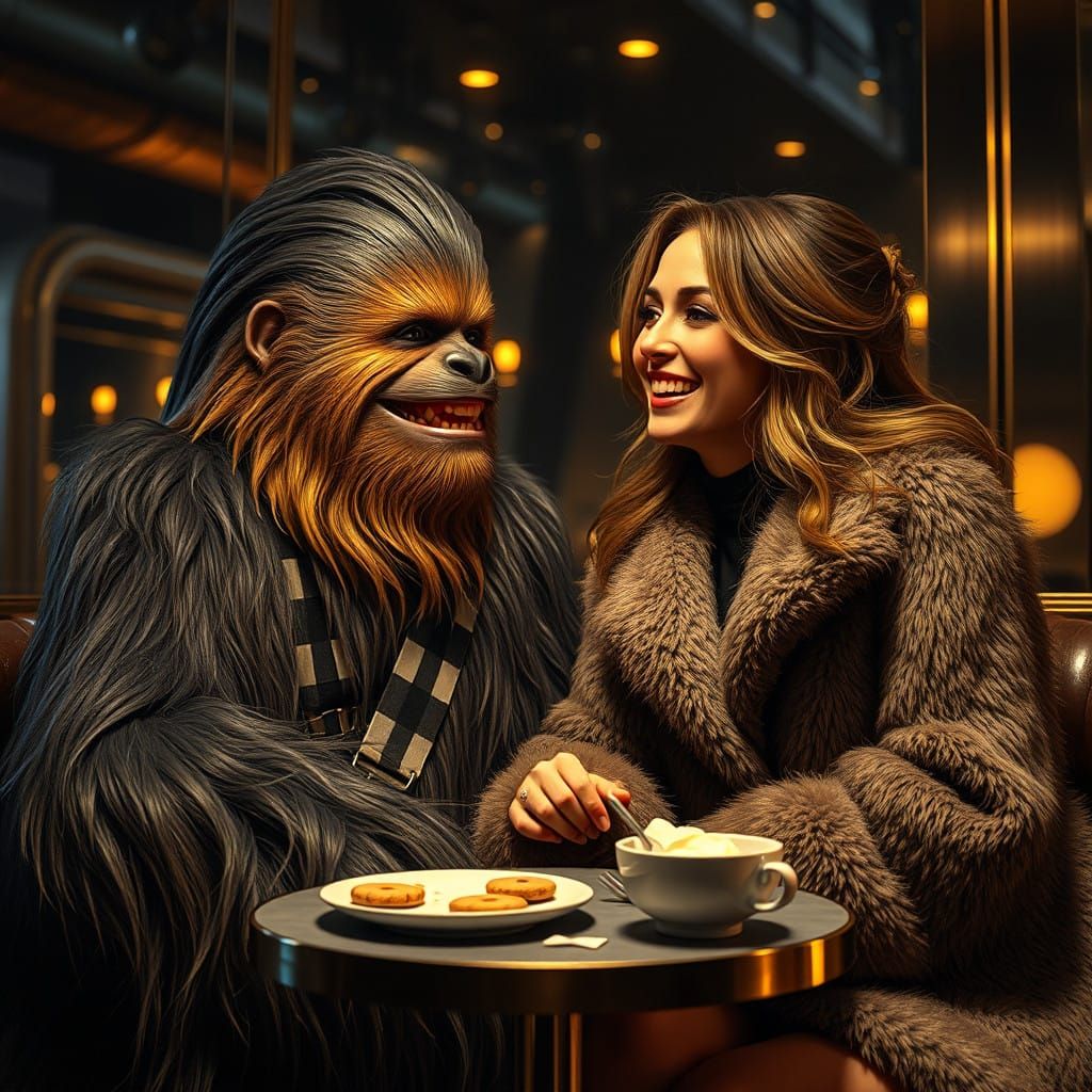 Hyper-Realistic Photo of Wookiee Friendship in a Cozy Night...