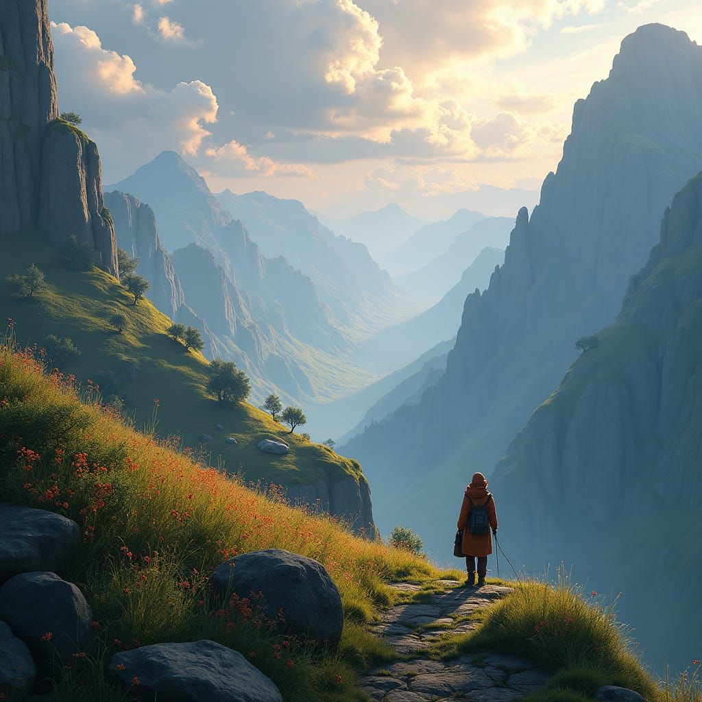 Traveler Among Hills: Detailed Matte Painting