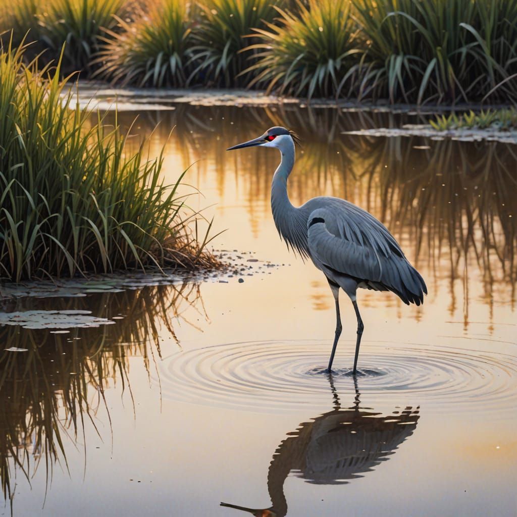 Brolga Wades in Billabong: Japanese Watercolour