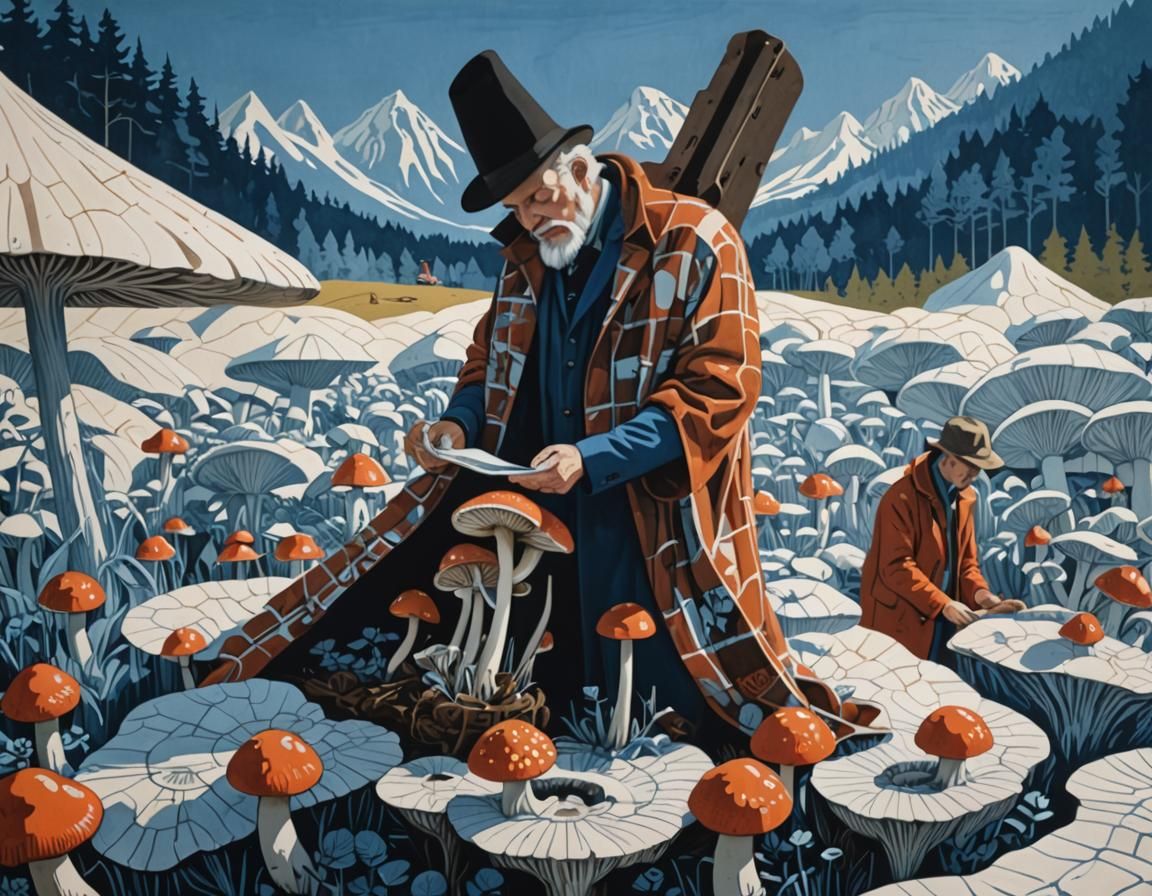 Sculptors Among Giant Mushrooms in Linocut Style