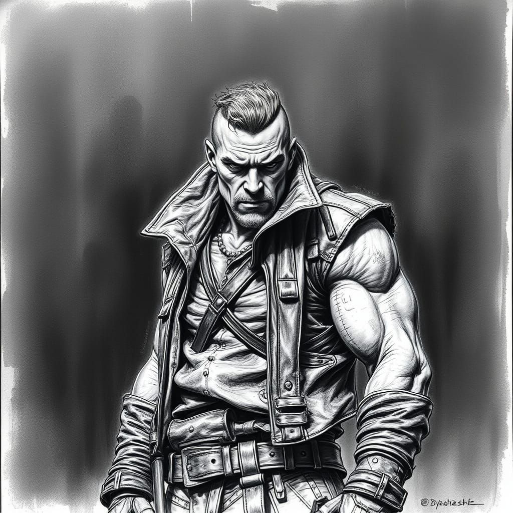 Powerful Figure in Leather, Hyperdetailed Charcoal Drawing