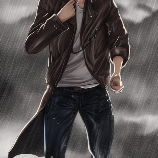 Anime Man in Rain: Hyperrealistic Manga Art