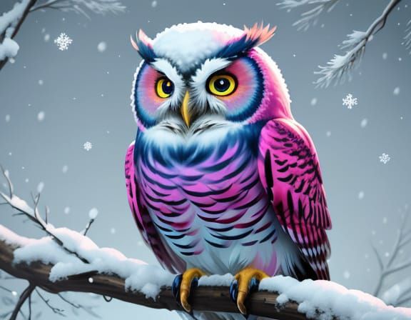 Vibrant Cartoon Owl in Winter Wonderland