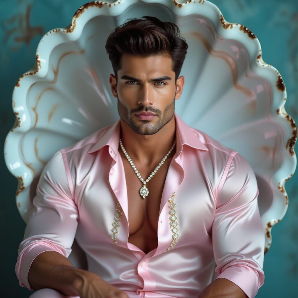 Indian Man Posing in Oyster Shell, Helmut Newton Style