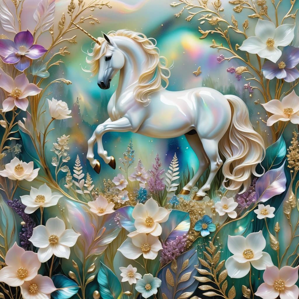 Iridescent Unicorn in a Whimsical Landscape