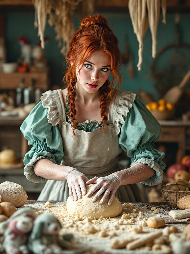 Vibrant Baker in Whimsical Kitchen, Storybook Realism Style