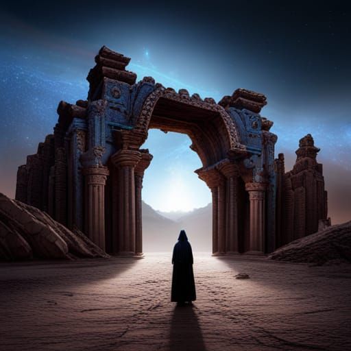 Desert Shaman Silhouette with Glowing Ruins