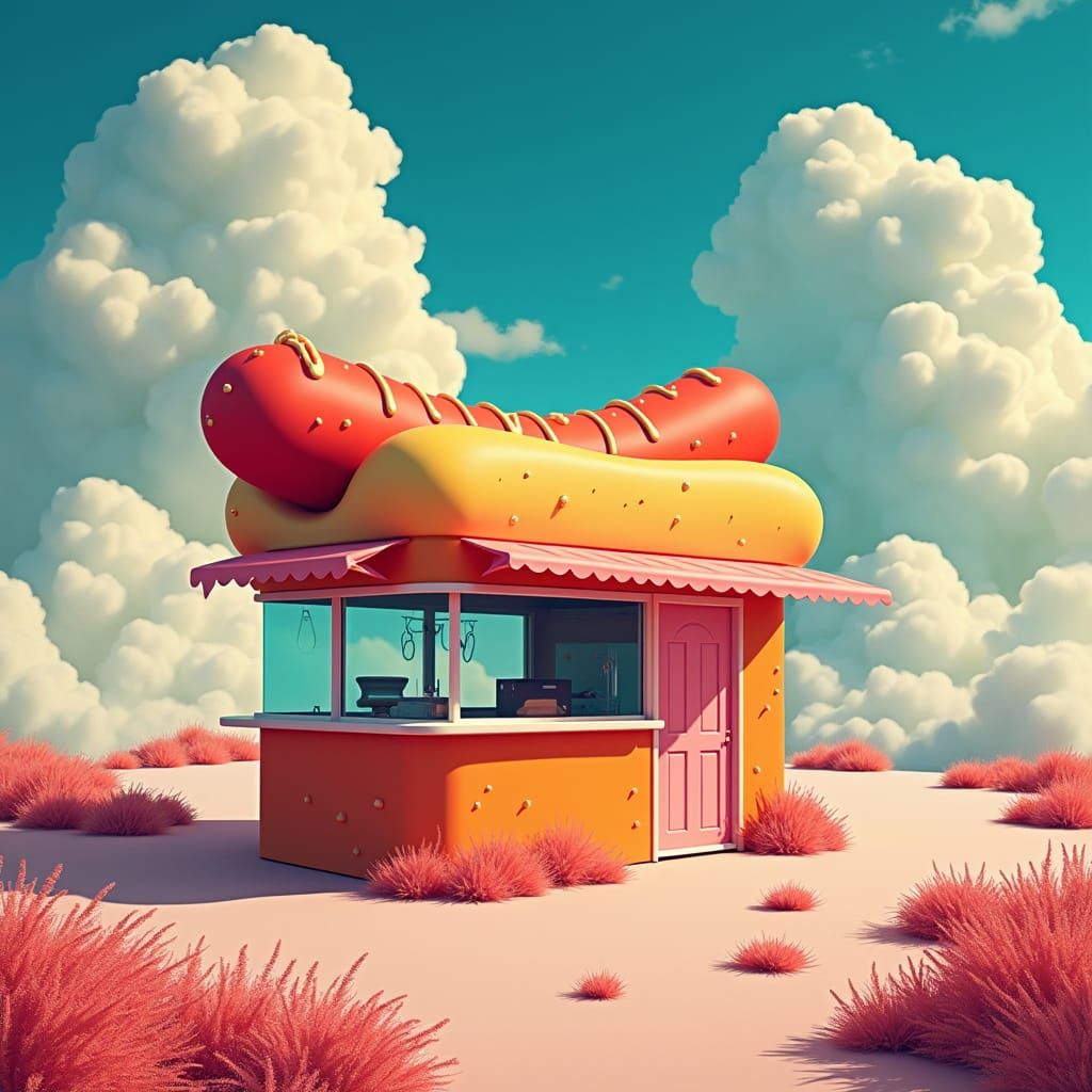 Dreamlike Hotdog Stand in Pop Art Landscape