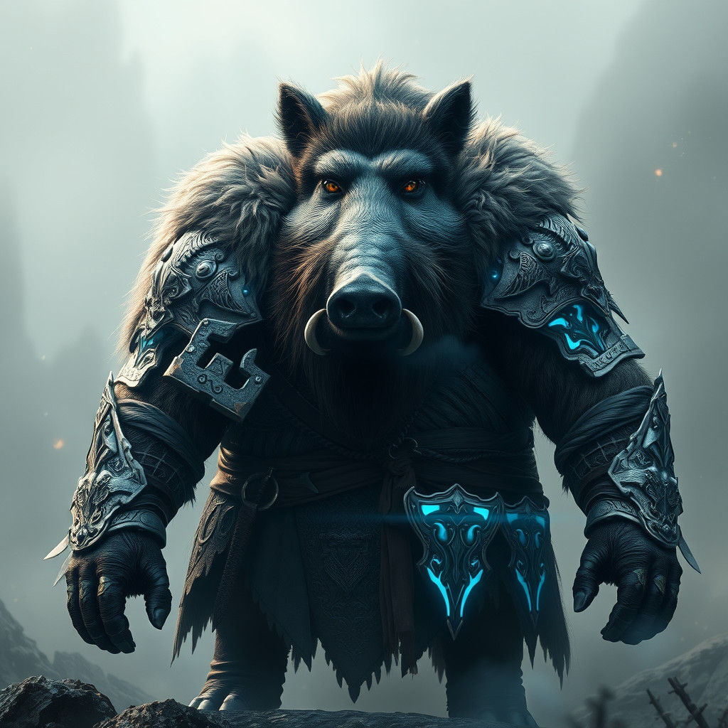 Armored Viking-Boar Hybrid in Mystical Environment