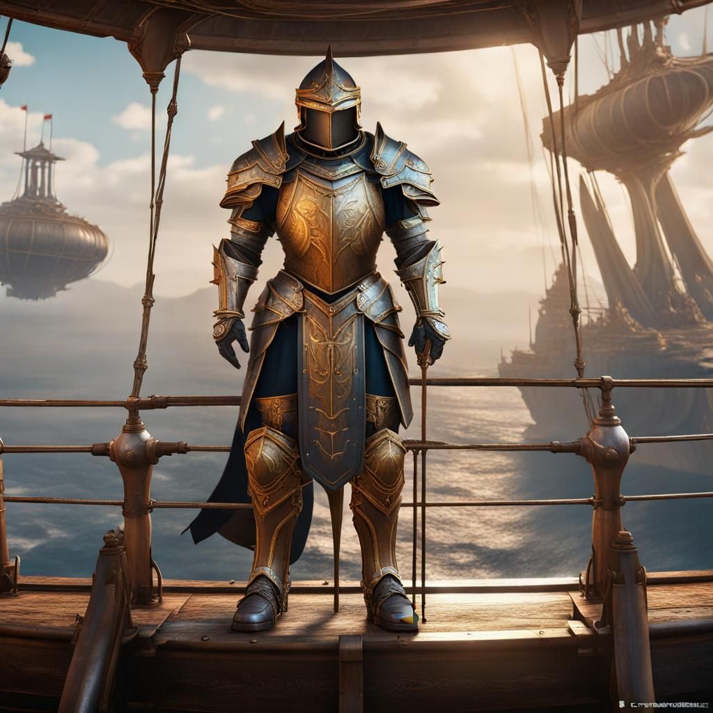Paladin on Airship Deck in Detailed Digital Painting